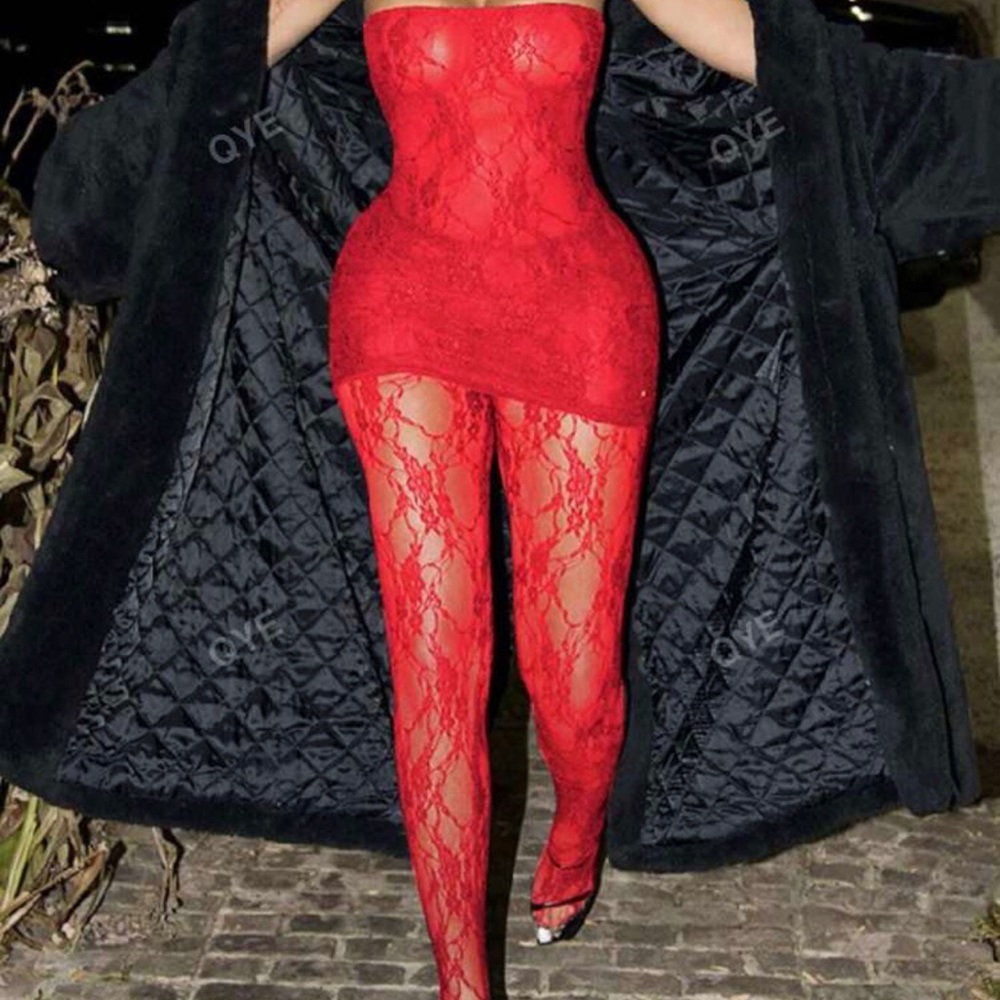Red Lace Strapless Maxi Dress with matching tights